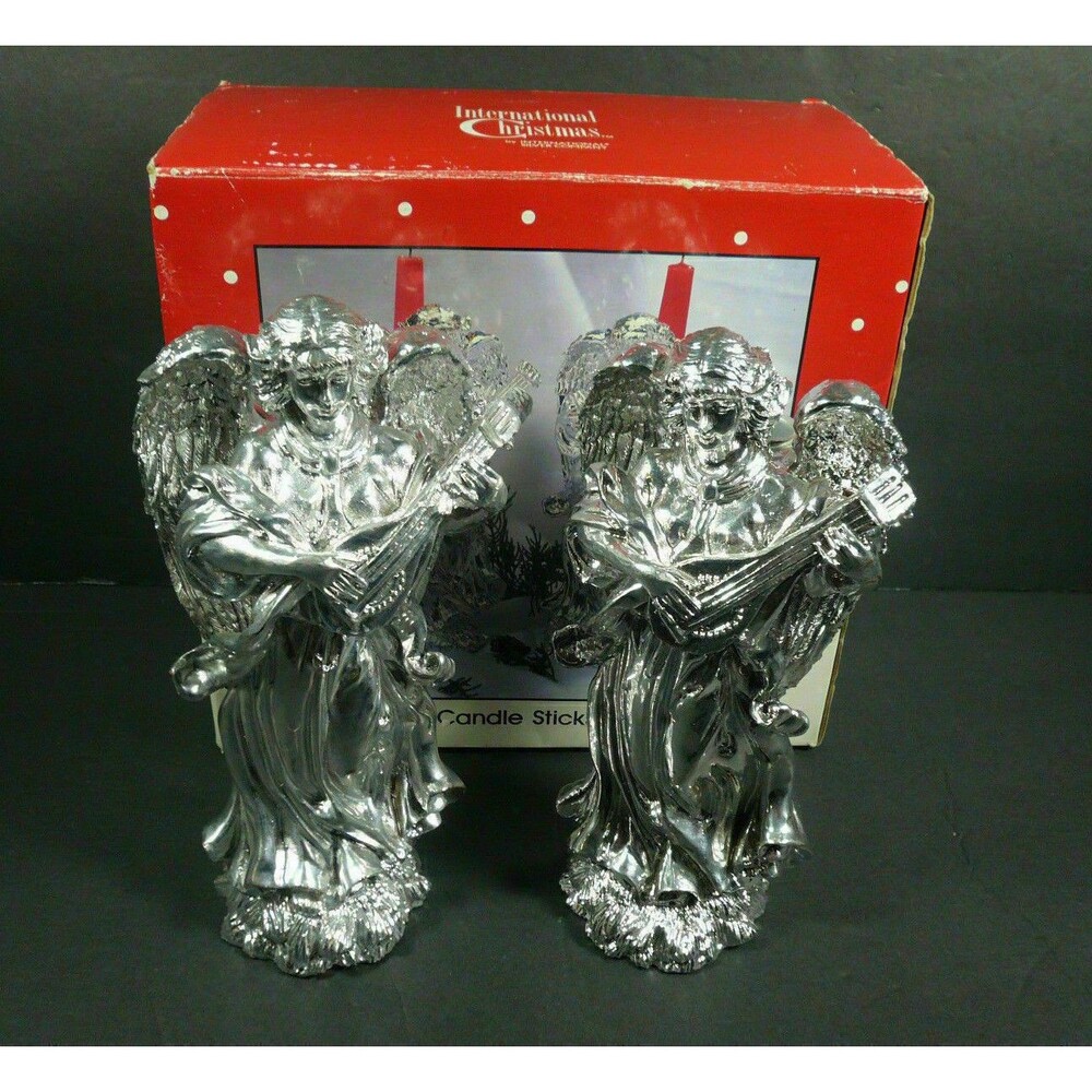 Vtg Pair of International Christmas Angel Candle Stick Holders Silver Finished